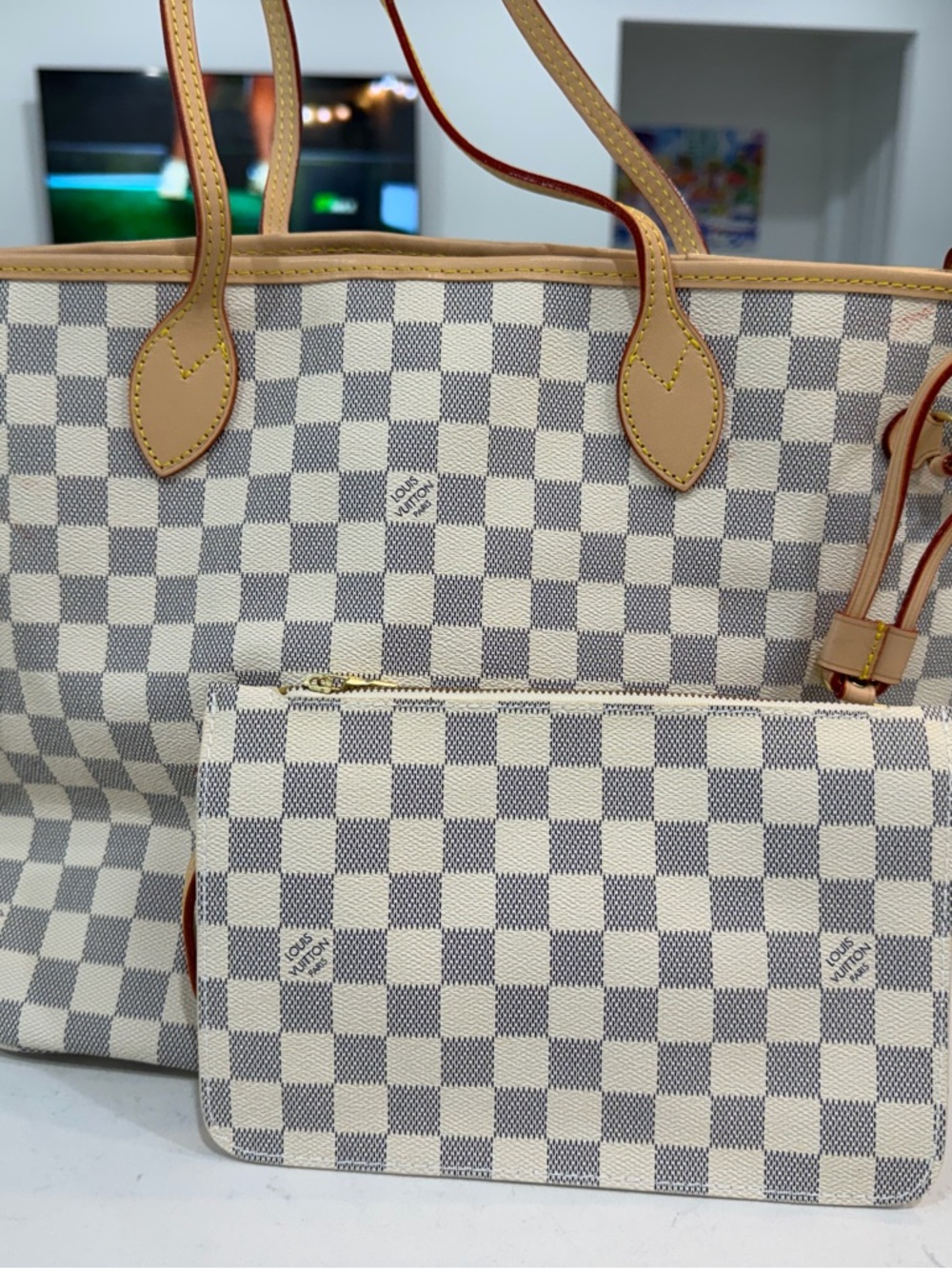 Checkered Designer-Inspired Tote and 3 small bags Gray and White